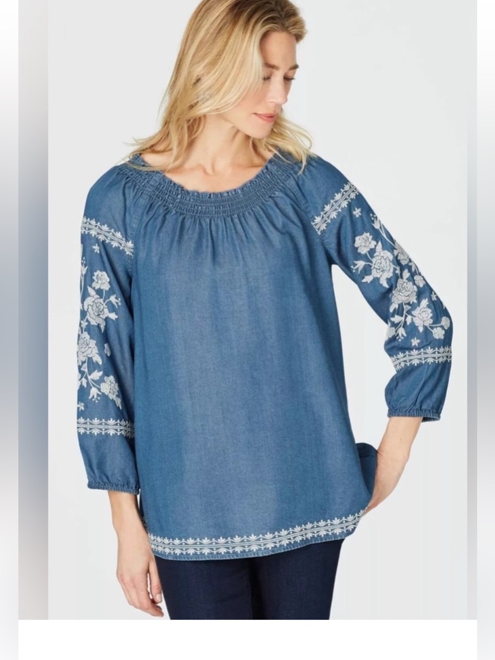 J Jill Denim Chambray Floral Embroidery Peasant Cottagecore Top SZ M